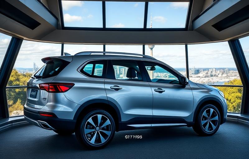 7-seater SUV rental Auckland with Sky Tower view perfect for family car hire New Zealand