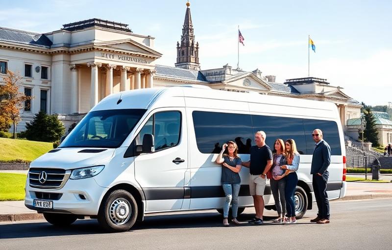 12-seater minibus rental Wellington with family group near Parliament building for group travel